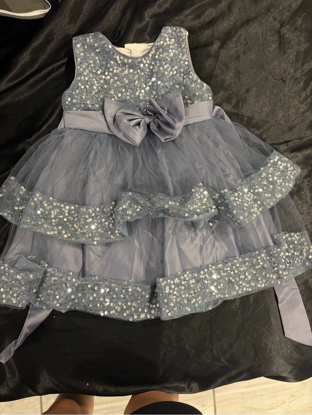 Sparkle Tulle Layered Blue Girls' Party Dress with Bow